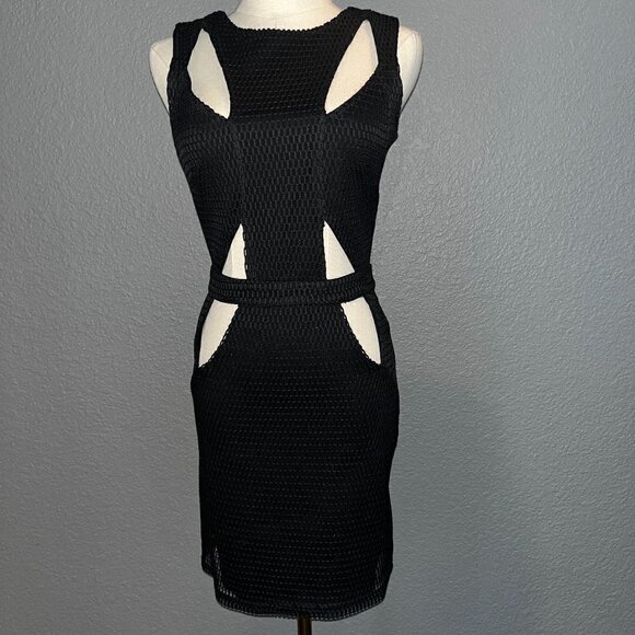 SB by sheri bodell LBD Mini Dress Heavy Net and Multiple Cut Outs Exposed Zip XS - Picture 1 of 8